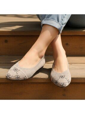 Flower Contrasting V-Cut Pointed Toe Knit Ballet Flats Classic Slip-On Shoes